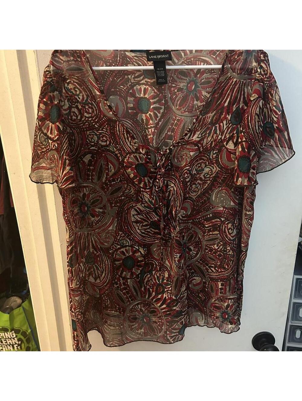 Lane Bryant red, brown, and green paisley print sheer blouse in a size 18/20